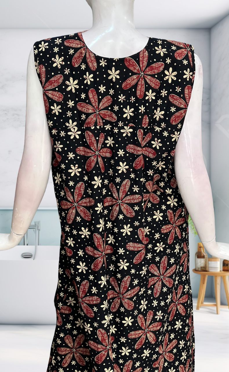 Black Flora Sleeveless Pure Cotton Nighty. Pure Durable Cotton | Laces and Frills