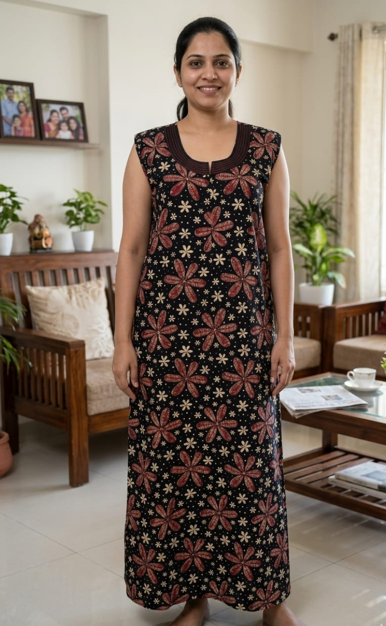 Black Flora Sleeveless Pure Cotton Nighty. Pure Durable Cotton | Laces and Frills