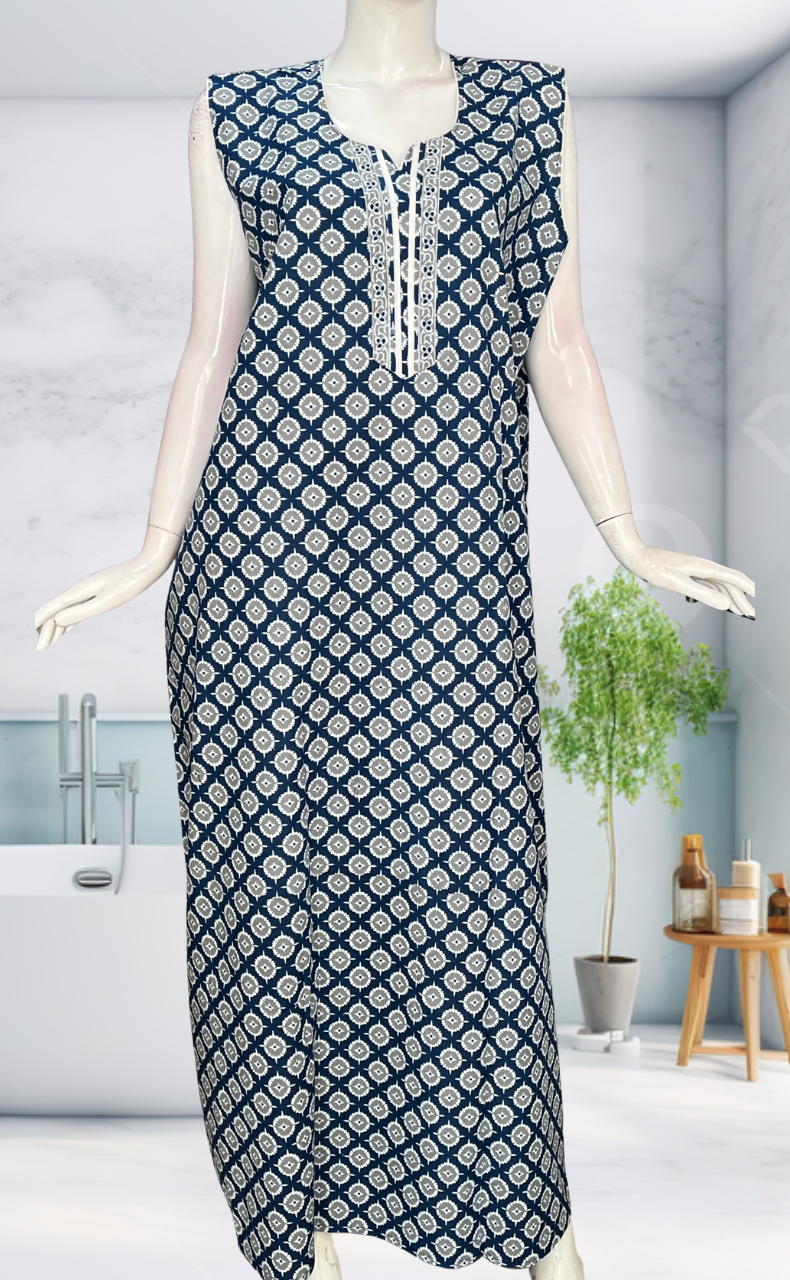 Blue Ajrakh Sleeveless Pure Cotton Nighty. Pure Durable Cotton | Laces and Frills
