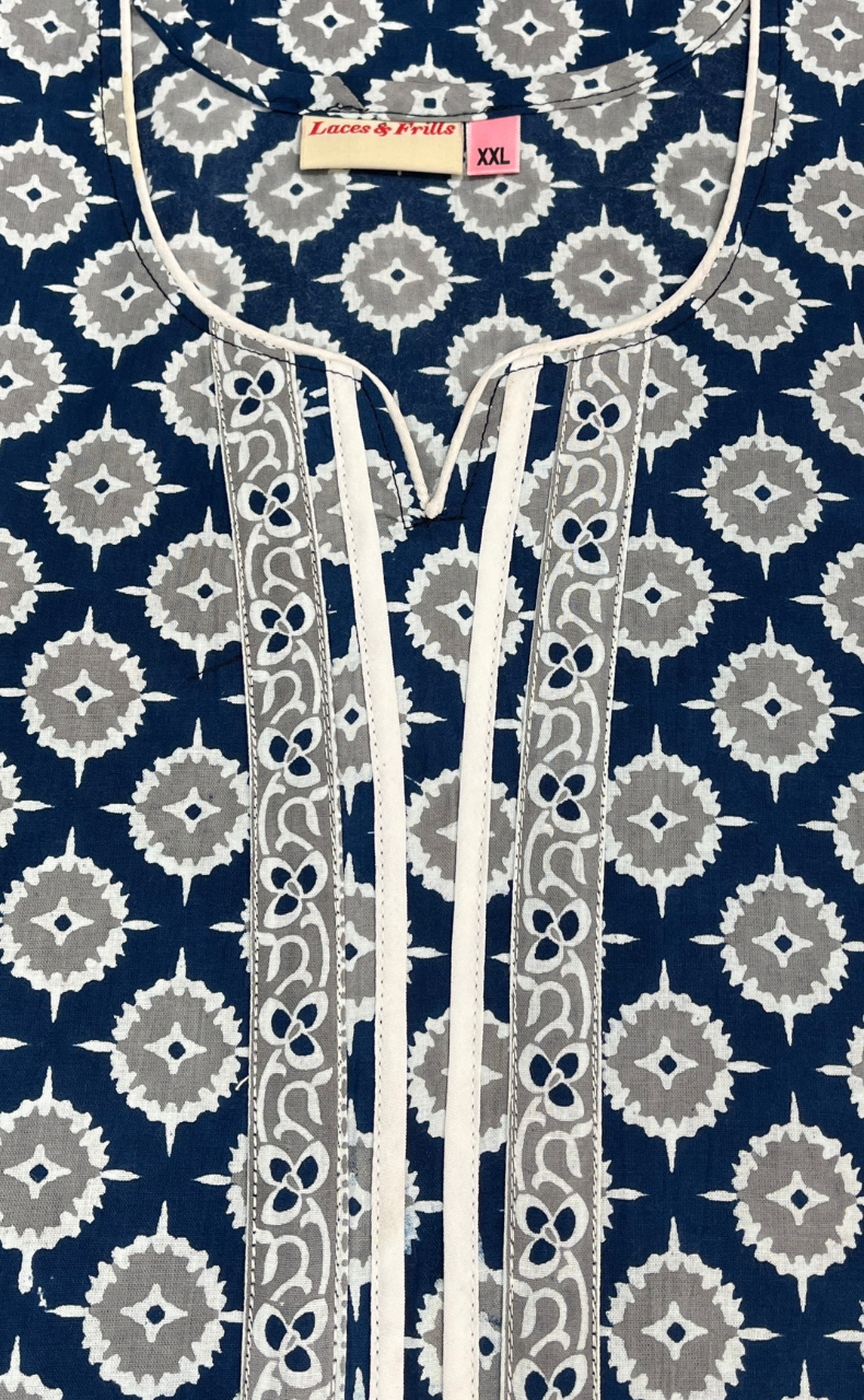 Blue Ajrakh Sleeveless Pure Cotton Nighty. Pure Durable Cotton | Laces and Frills