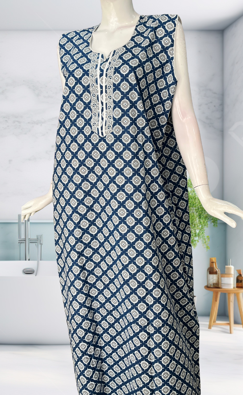 Blue Ajrakh Sleeveless Pure Cotton Nighty. Pure Durable Cotton | Laces and Frills