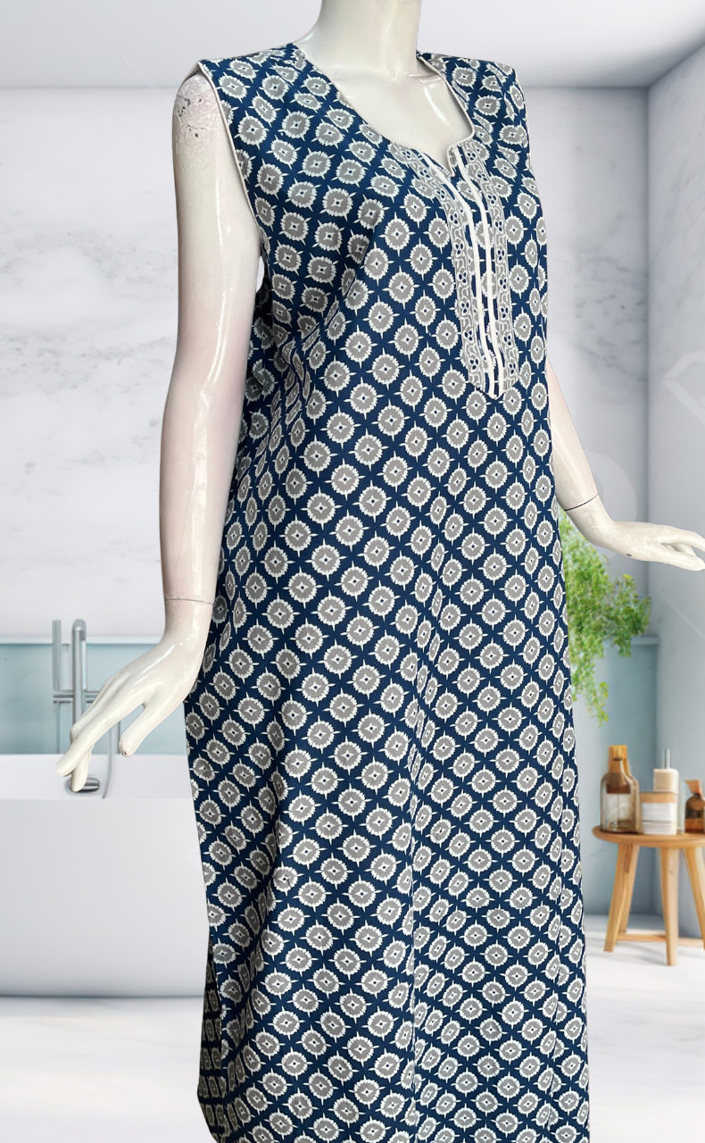 Blue Ajrakh Sleeveless Pure Cotton Nighty. Pure Durable Cotton | Laces and Frills