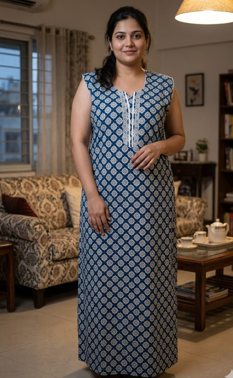 Blue Ajrakh Sleeveless Pure Cotton Nighty. Pure Durable Cotton | Laces and Frills