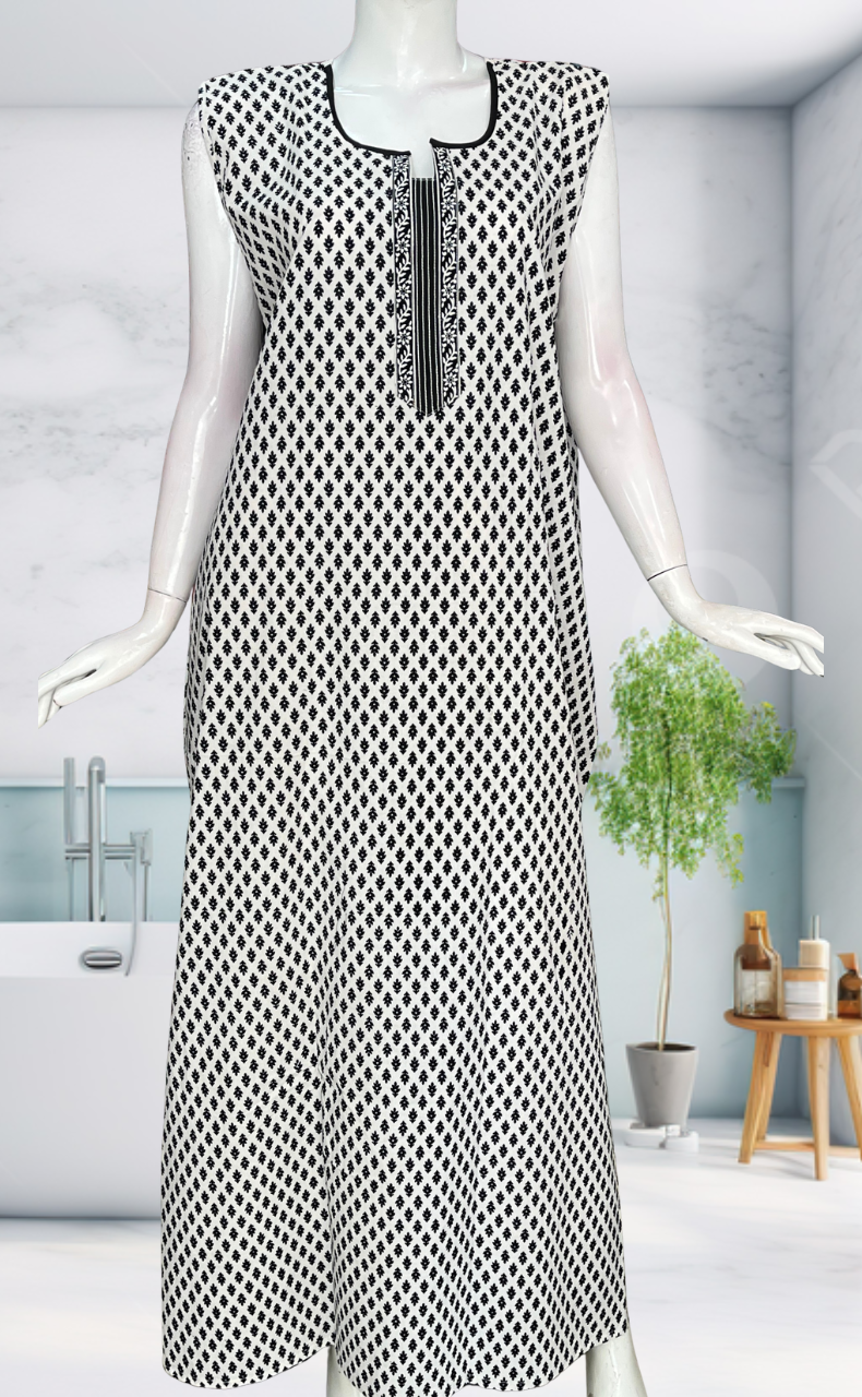 White Flora Sleeveless Pure Cotton Nighty. Pure Durable Cotton | Laces and Frills