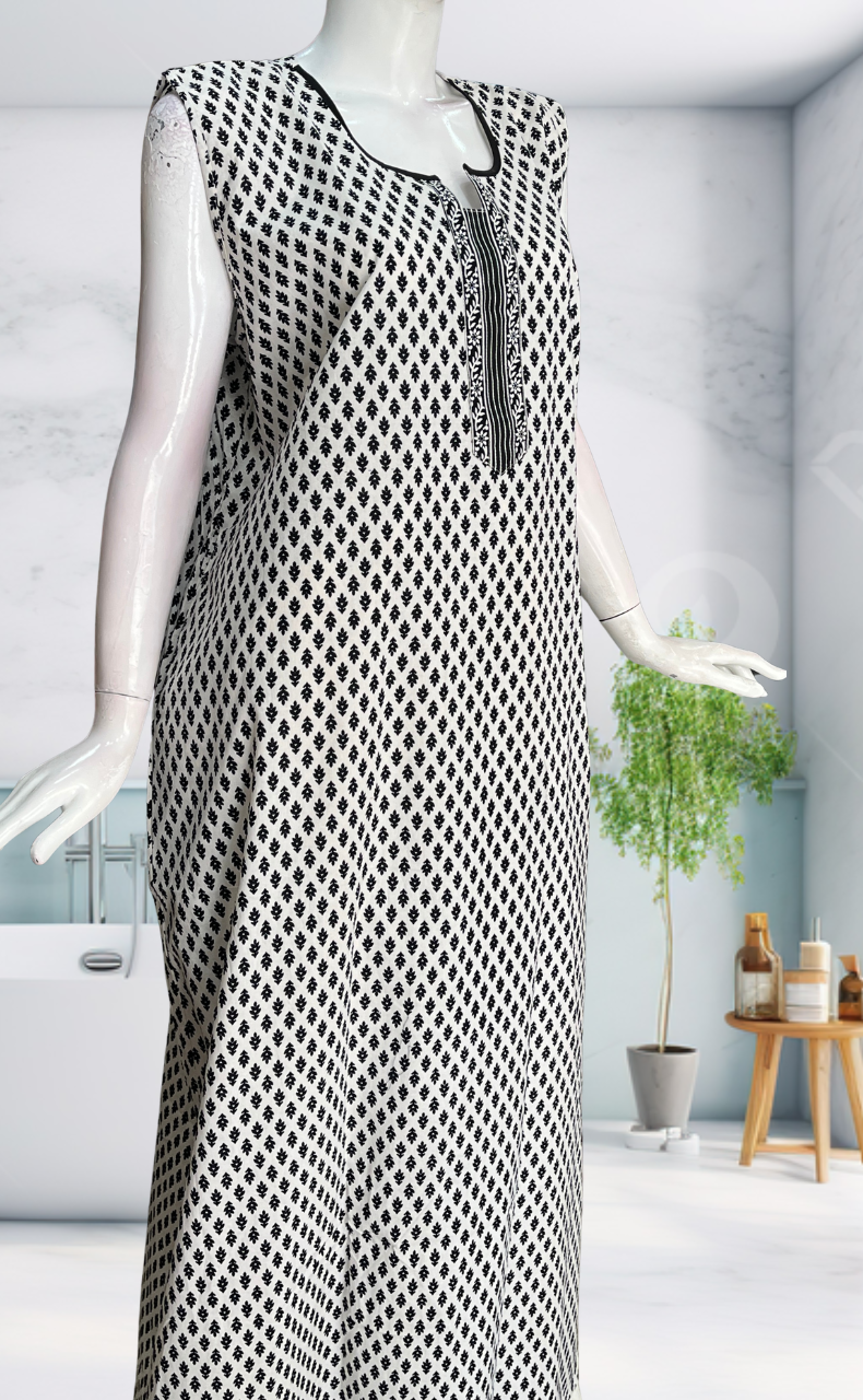 White Flora Sleeveless Pure Cotton Nighty. Pure Durable Cotton | Laces and Frills