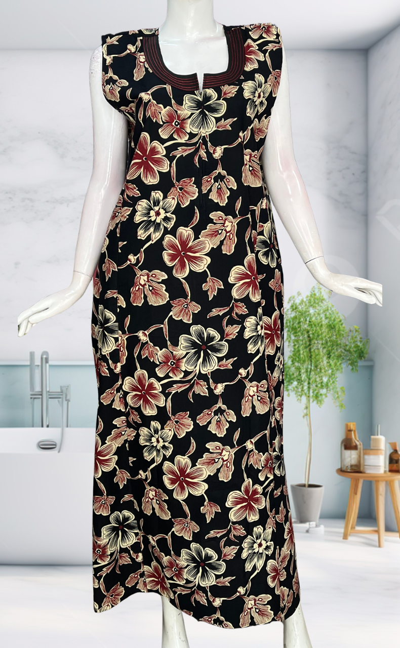Black Flora Sleeveless Pure Cotton Nighty. Pure Durable Cotton | Laces and Frills