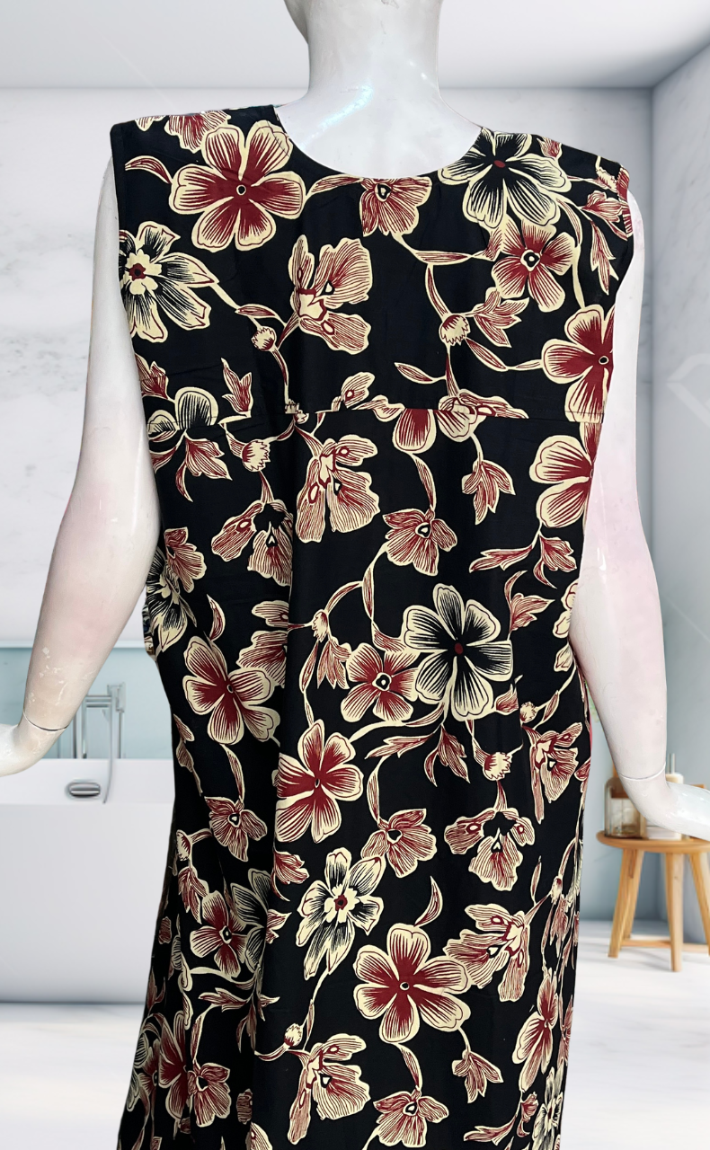 Black Flora Sleeveless Pure Cotton Nighty. Pure Durable Cotton | Laces and Frills
