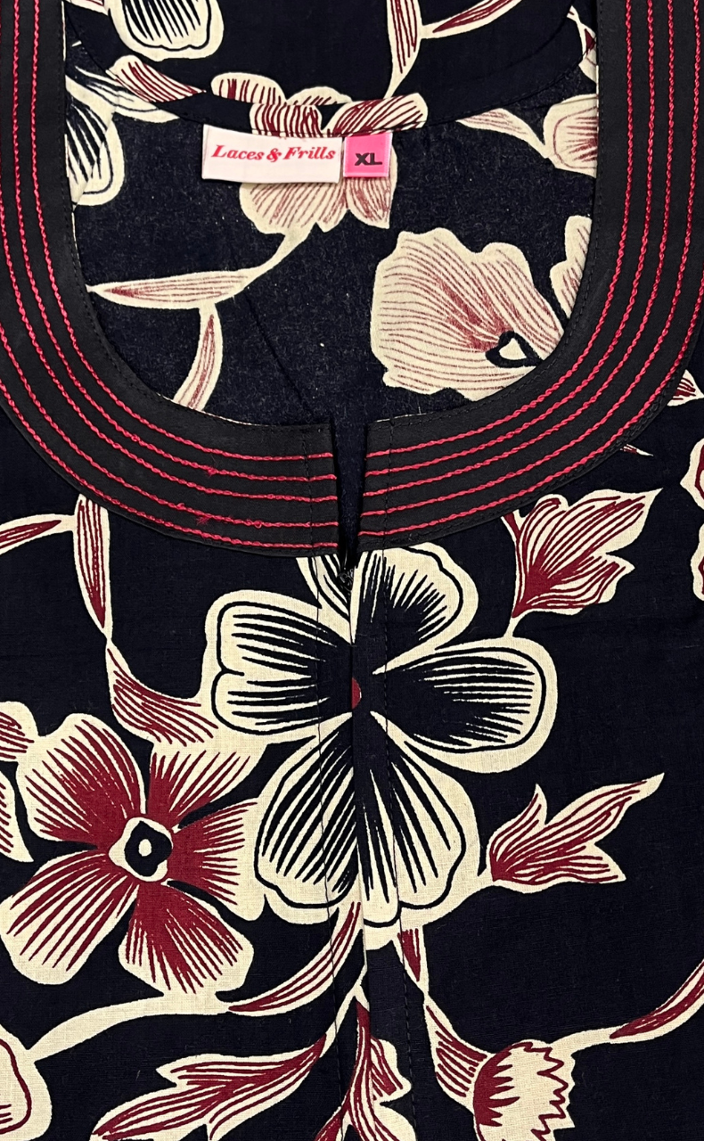 Black Flora Sleeveless Pure Cotton Nighty. Pure Durable Cotton | Laces and Frills