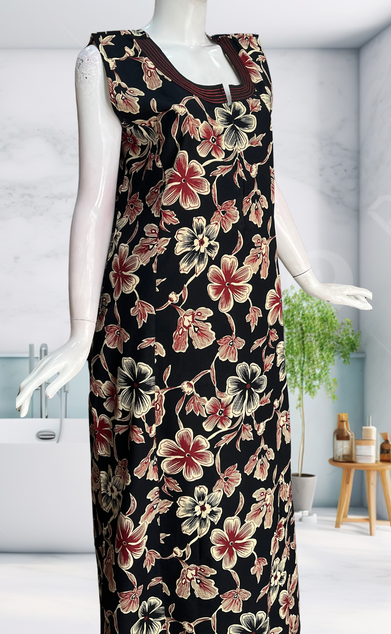 Black Flora Sleeveless Pure Cotton Nighty. Pure Durable Cotton | Laces and Frills
