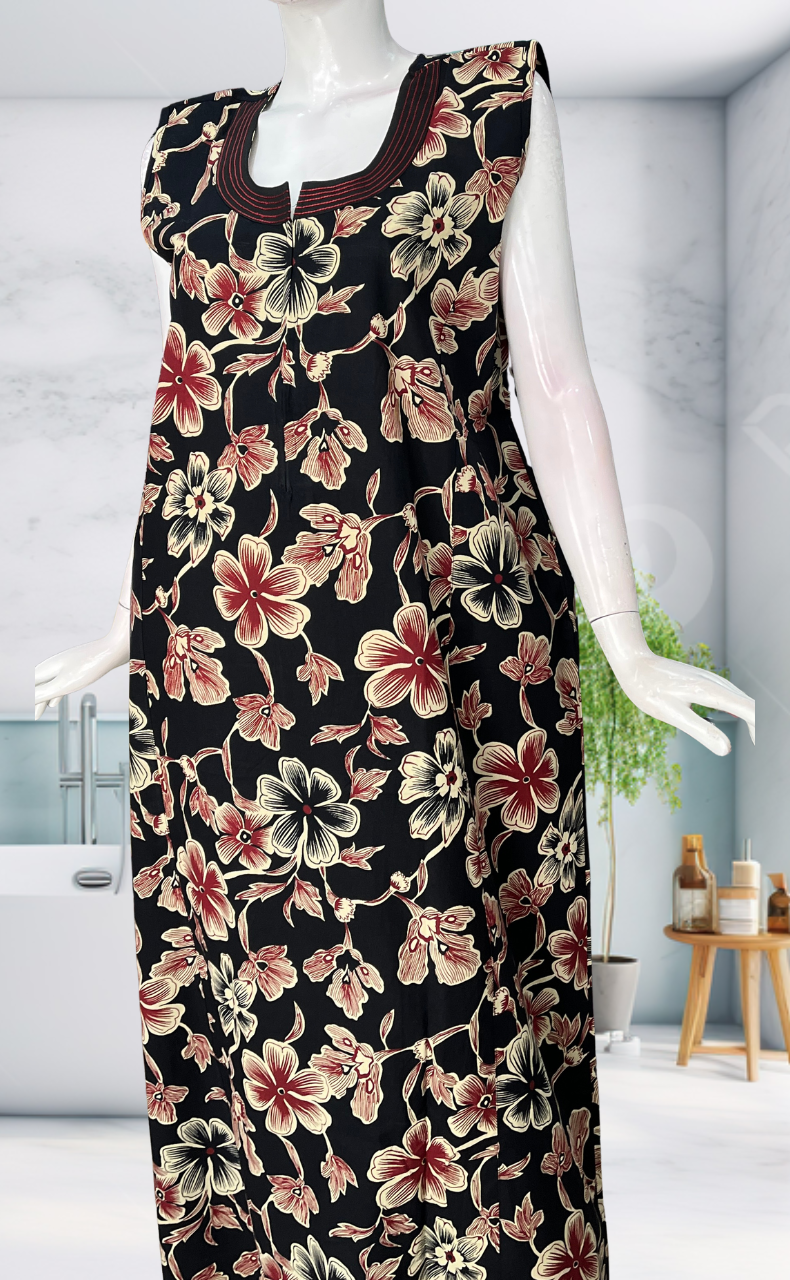 Black Flora Sleeveless Pure Cotton Nighty. Pure Durable Cotton | Laces and Frills