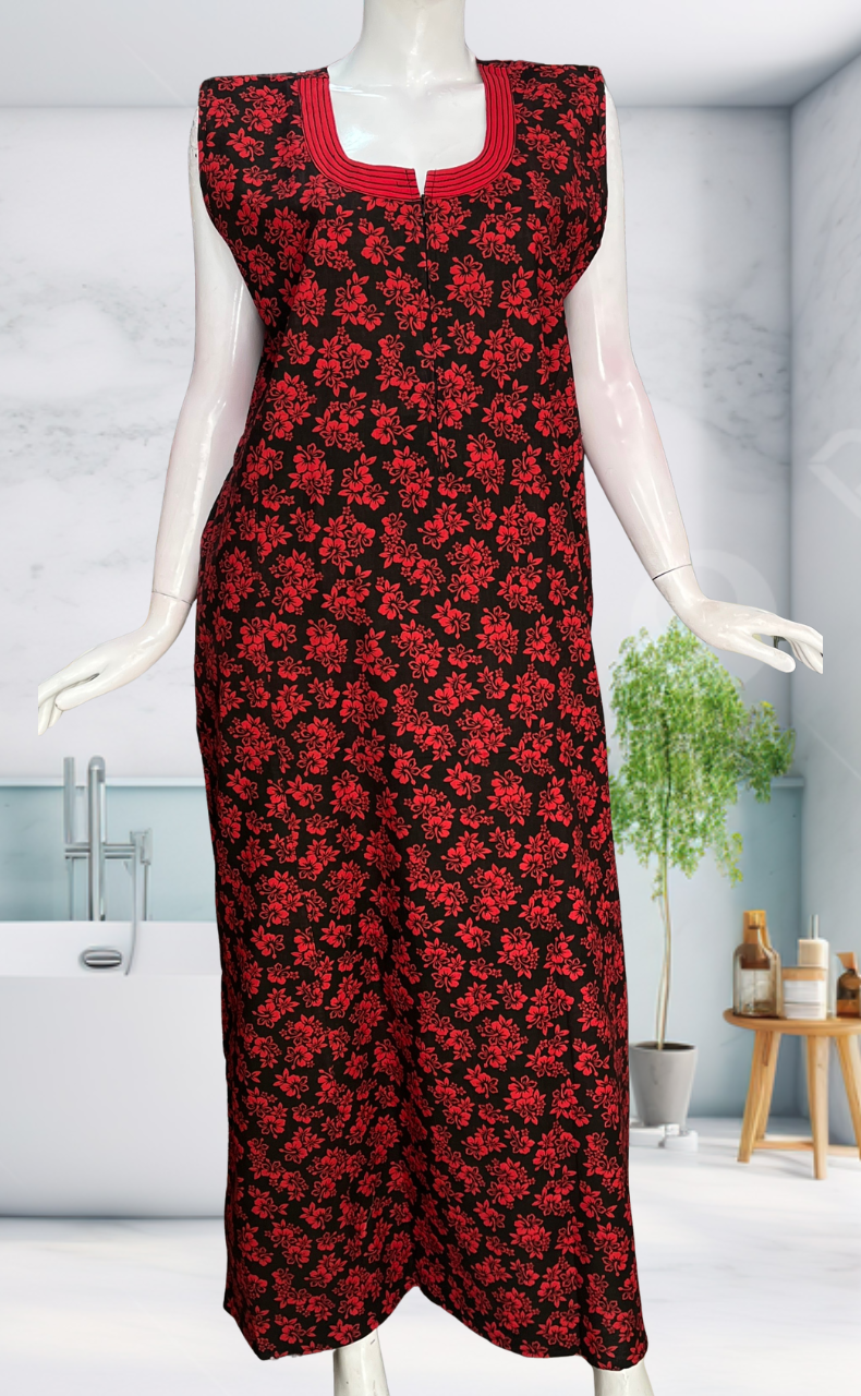 Black Flora Sleeveless Pure Cotton Nighty. Pure Durable Cotton | Laces and Frills