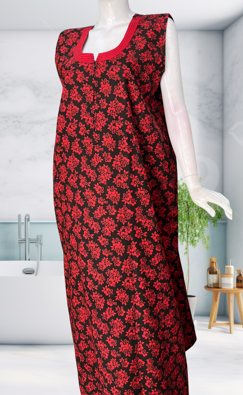 Black Flora Sleeveless Pure Cotton Nighty. Pure Durable Cotton | Laces and Frills