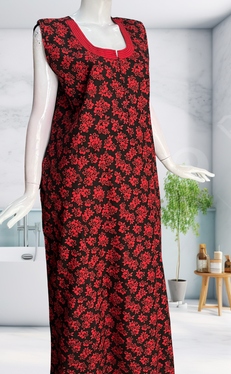 Black Flora Sleeveless Pure Cotton Nighty. Pure Durable Cotton | Laces and Frills