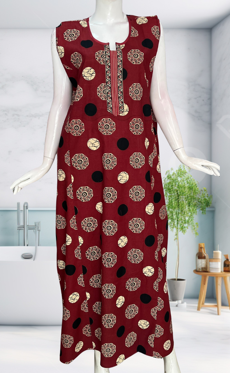 Maroon Mandala Motif Sleeveless Pure Cotton Nighty. Pure Durable Cotton | Laces and Frills