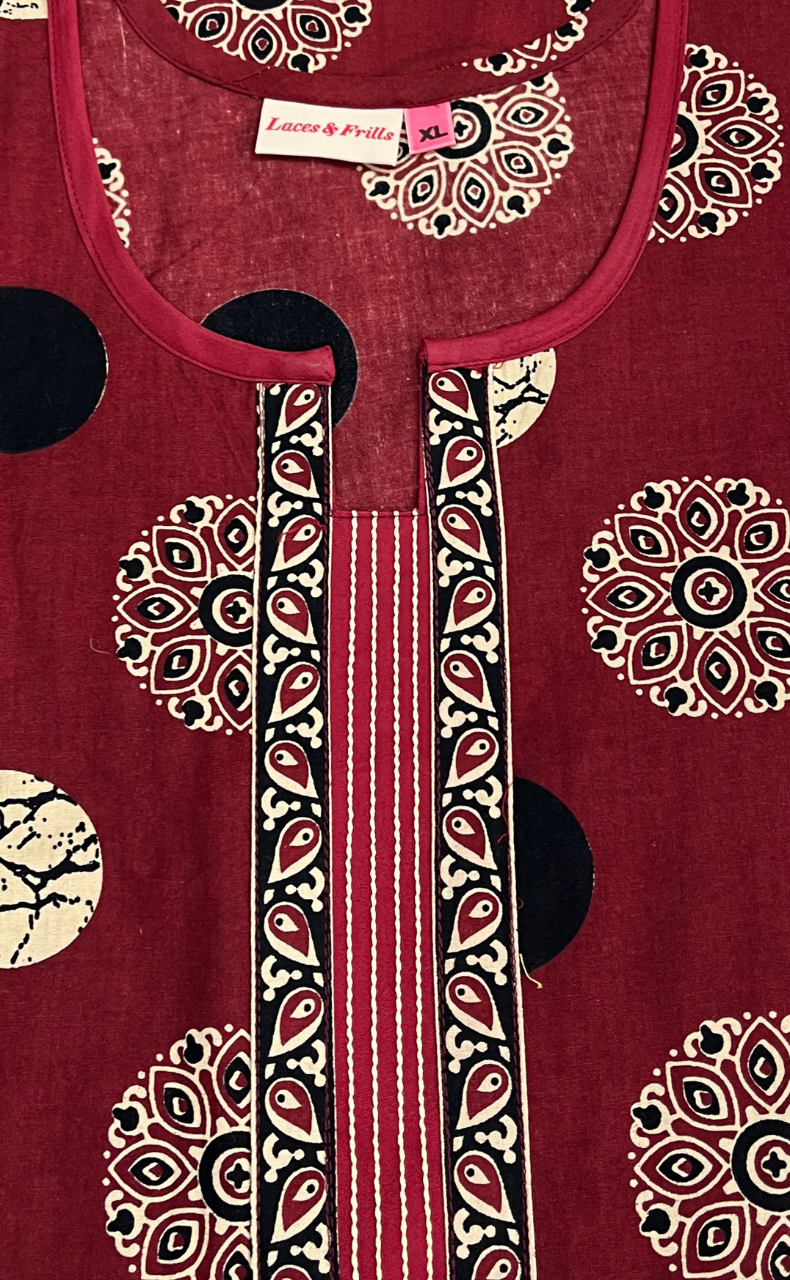 Maroon Mandala Motif Sleeveless Pure Cotton Nighty. Pure Durable Cotton | Laces and Frills