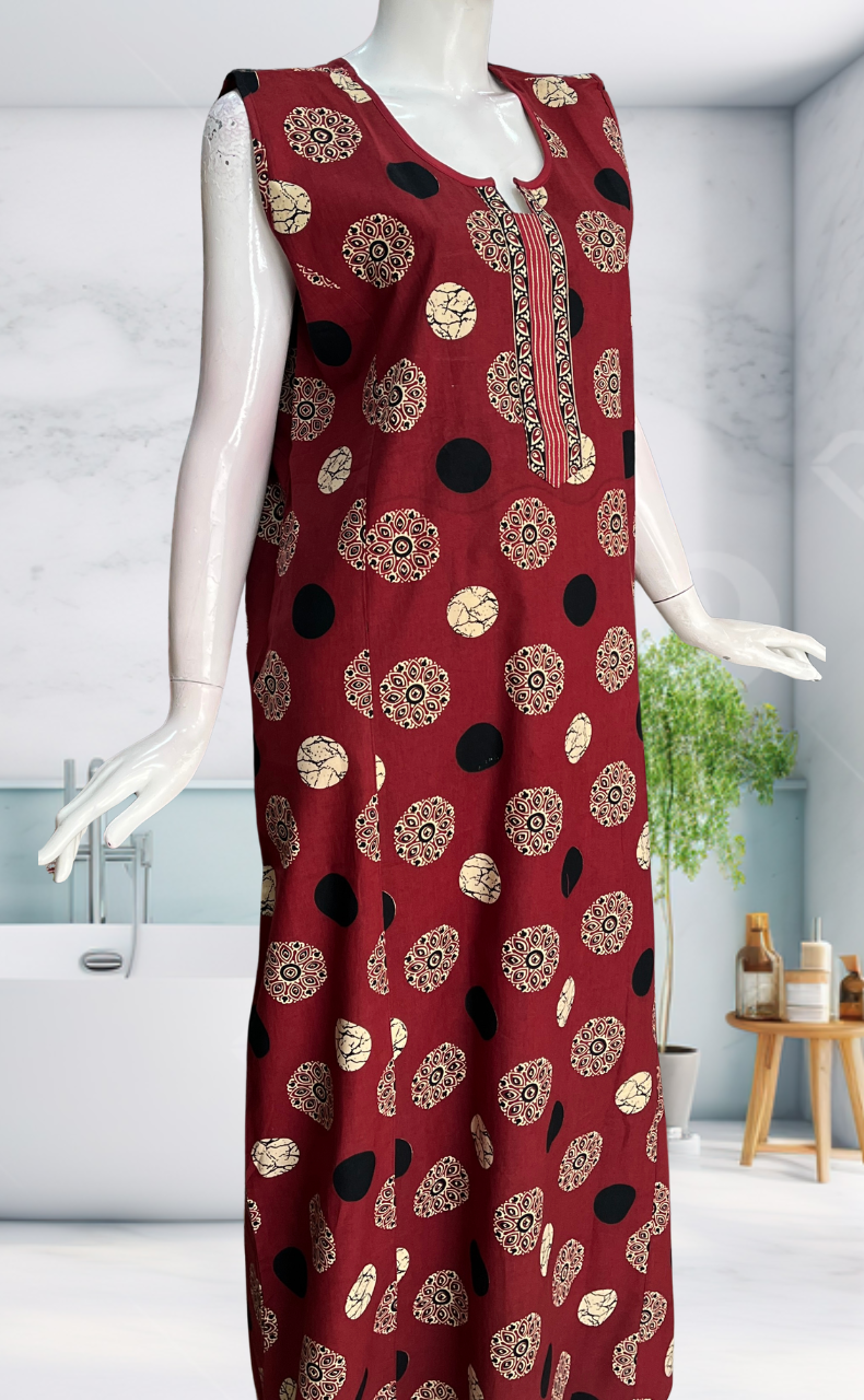 Maroon Mandala Motif Sleeveless Pure Cotton Nighty. Pure Durable Cotton | Laces and Frills