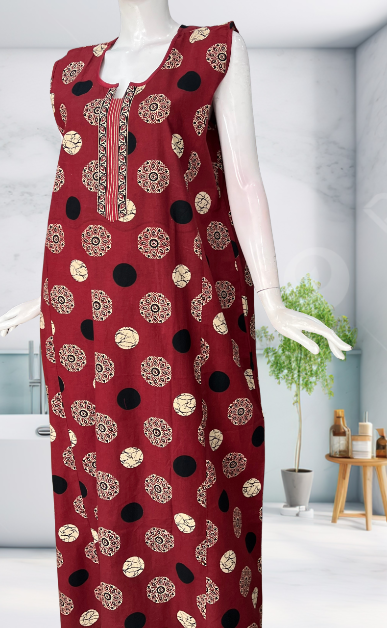 Maroon Mandala Motif Sleeveless Pure Cotton Nighty. Pure Durable Cotton | Laces and Frills