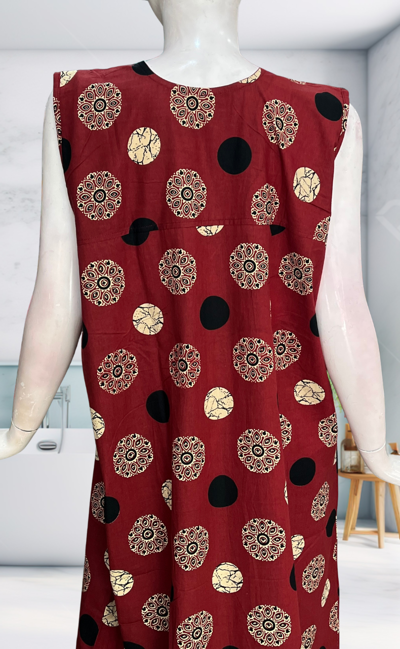 Maroon Mandala Motif Sleeveless Pure Cotton Nighty. Pure Durable Cotton | Laces and Frills