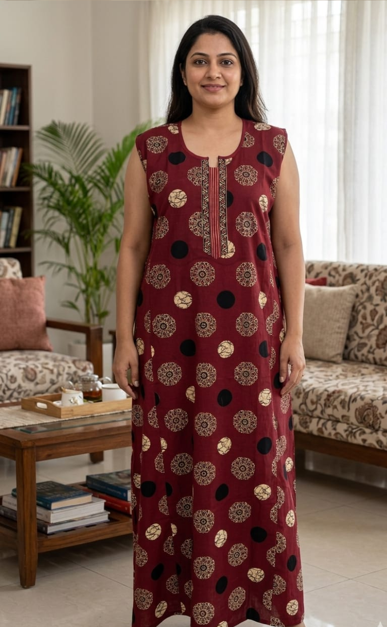 Maroon Mandala Motif Sleeveless Pure Cotton Nighty. Pure Durable Cotton | Laces and Frills