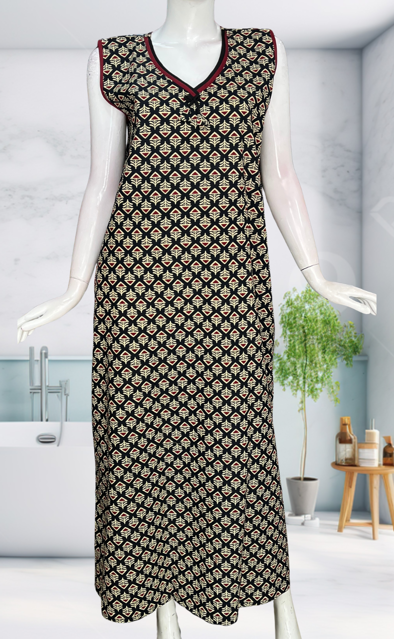 Black Flora Sleeveless Pure Cotton Nighty. Pure Durable Cotton | Laces and Frills