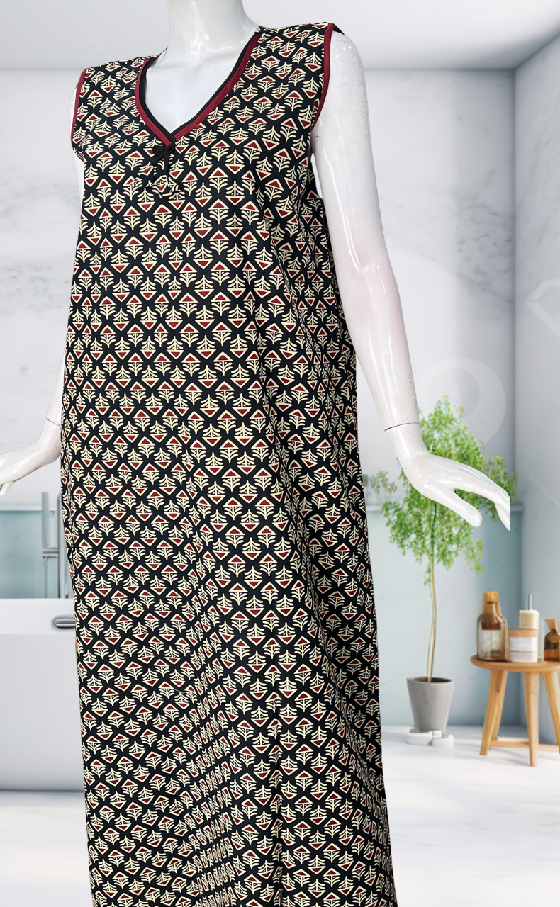 Black Flora Sleeveless Pure Cotton Nighty. Pure Durable Cotton | Laces and Frills
