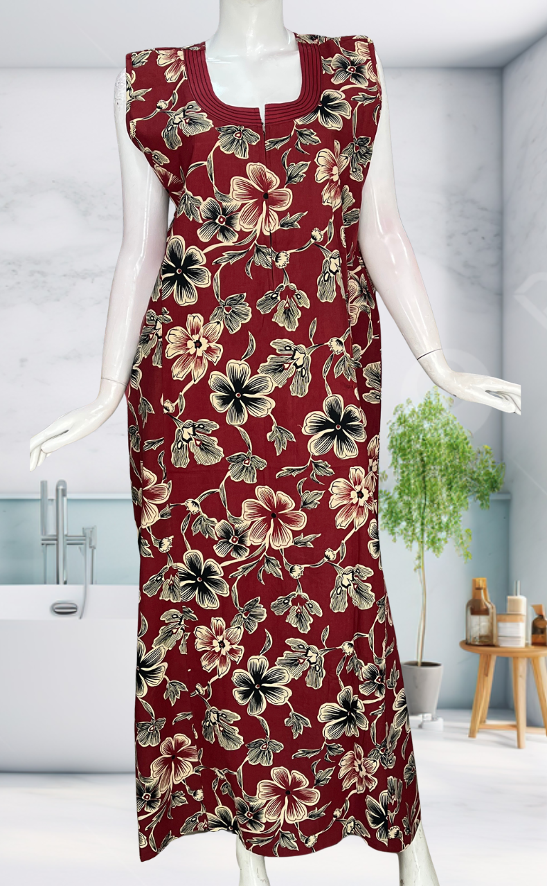 Maroon Flora Sleeveless Pure Cotton Nighty. Pure Durable Cotton | Laces and Frills