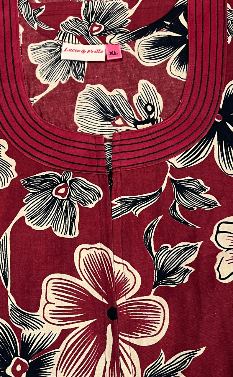 Maroon Flora Sleeveless Pure Cotton Nighty. Pure Durable Cotton | Laces and Frills