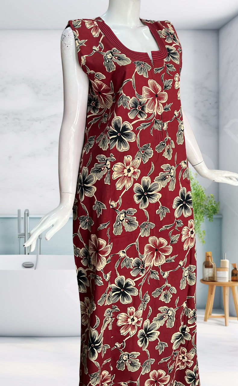 Maroon Flora Sleeveless Pure Cotton Nighty. Pure Durable Cotton | Laces and Frills