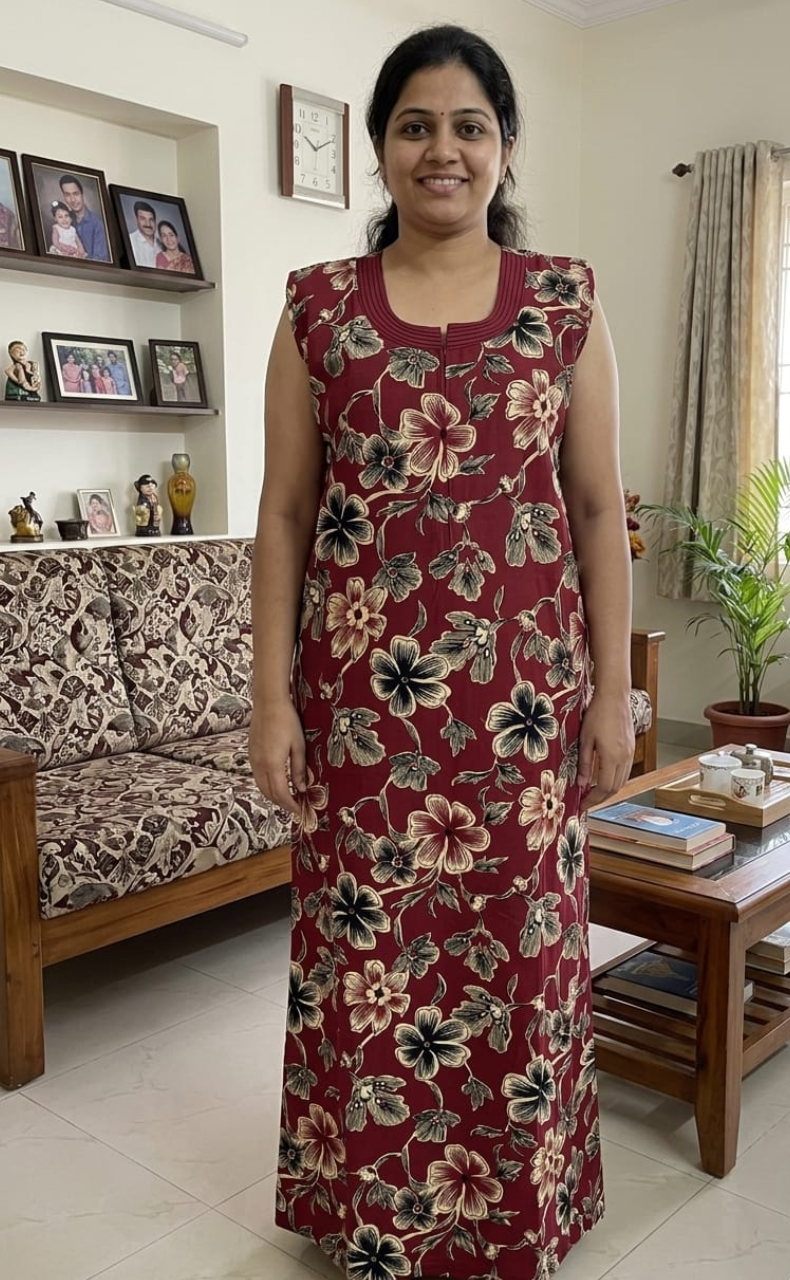 Maroon Flora Sleeveless Pure Cotton Nighty. Pure Durable Cotton | Laces and Frills