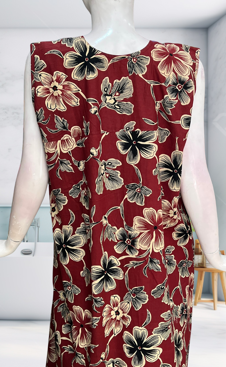 Maroon Flora Sleeveless Pure Cotton Nighty. Pure Durable Cotton | Laces and Frills
