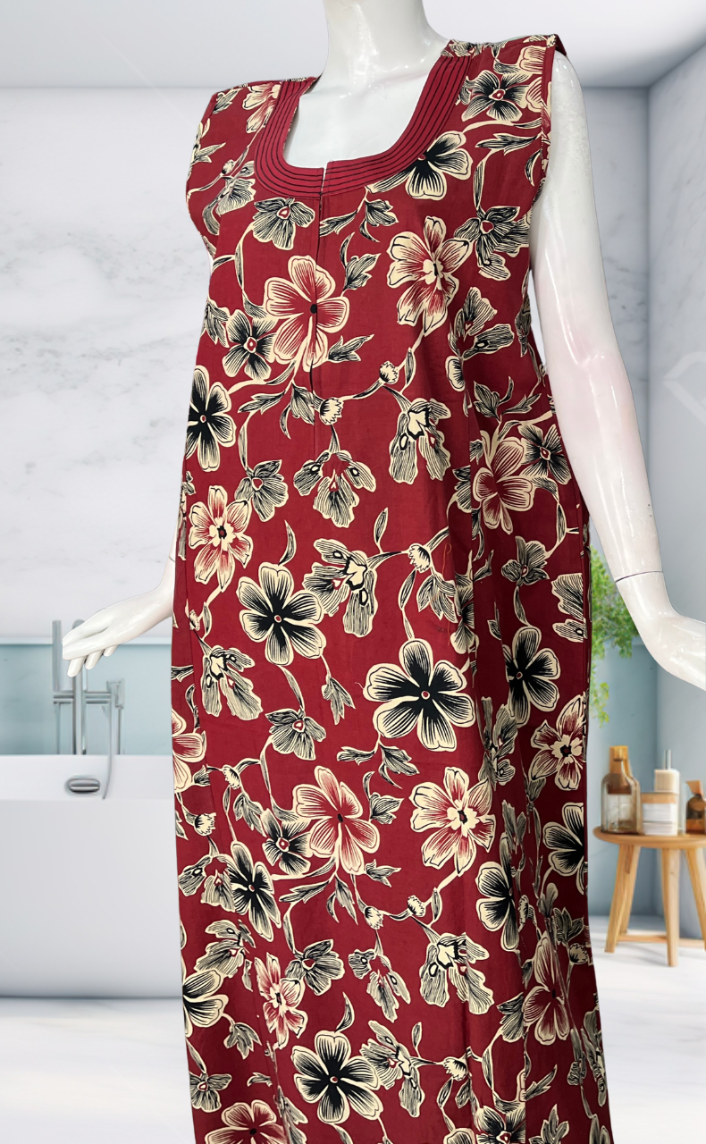 Maroon Flora Sleeveless Pure Cotton Nighty. Pure Durable Cotton | Laces and Frills