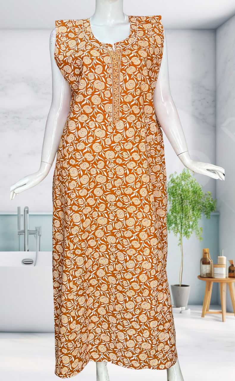 Yellow Flora Sleeveless Pure Cotton Nighty. Pure Durable Cotton | Laces and Frills