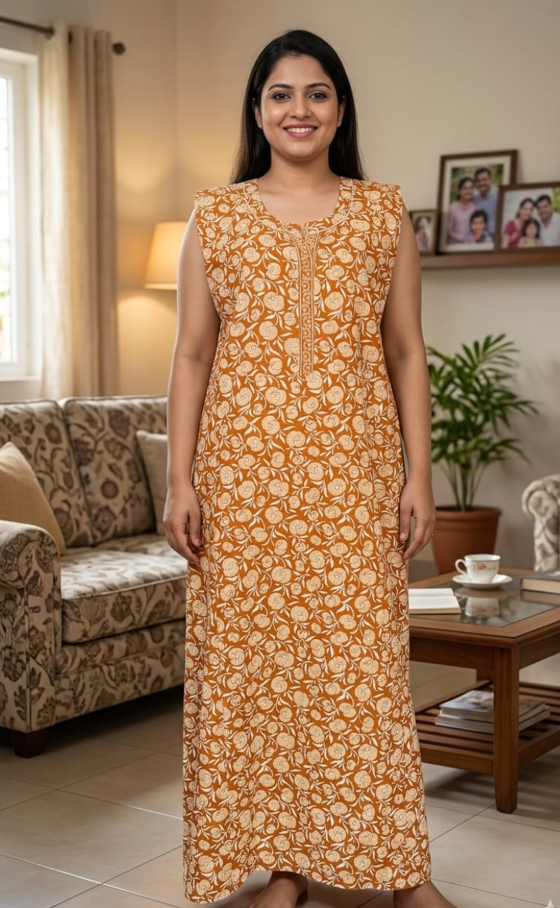 Yellow Flora Sleeveless Pure Cotton Nighty. Pure Durable Cotton | Laces and Frills