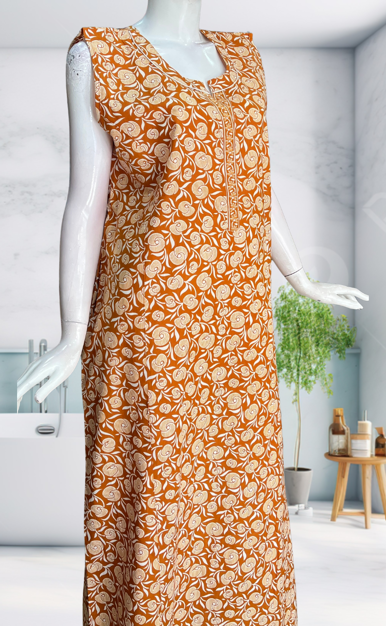 Yellow Flora Sleeveless Pure Cotton Nighty. Pure Durable Cotton | Laces and Frills