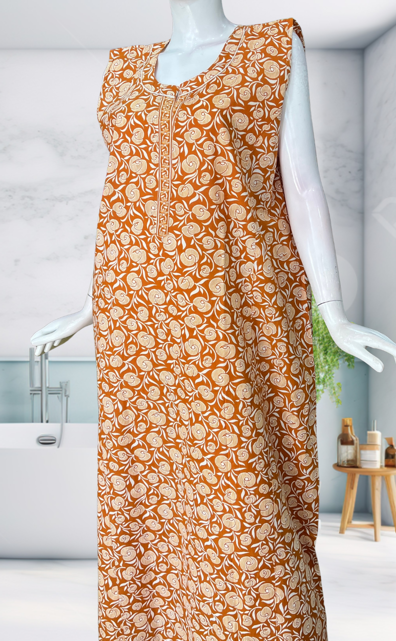 Yellow Flora Sleeveless Pure Cotton Nighty. Pure Durable Cotton | Laces and Frills