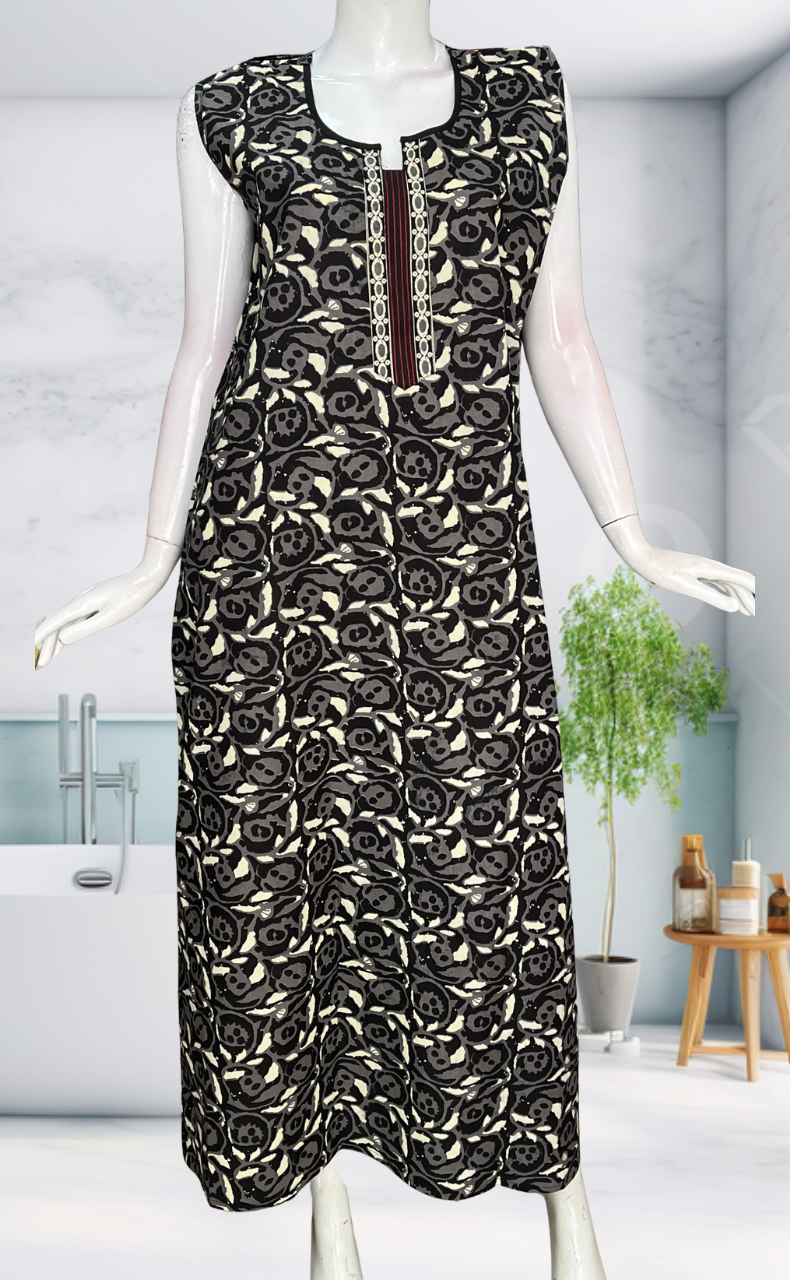 Black Flora Sleeveless Pure Cotton Nighty. Pure Durable Cotton | Laces and Frills