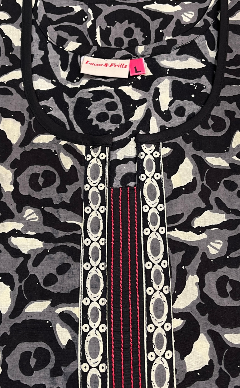 Black Flora Sleeveless Pure Cotton Nighty. Pure Durable Cotton | Laces and Frills