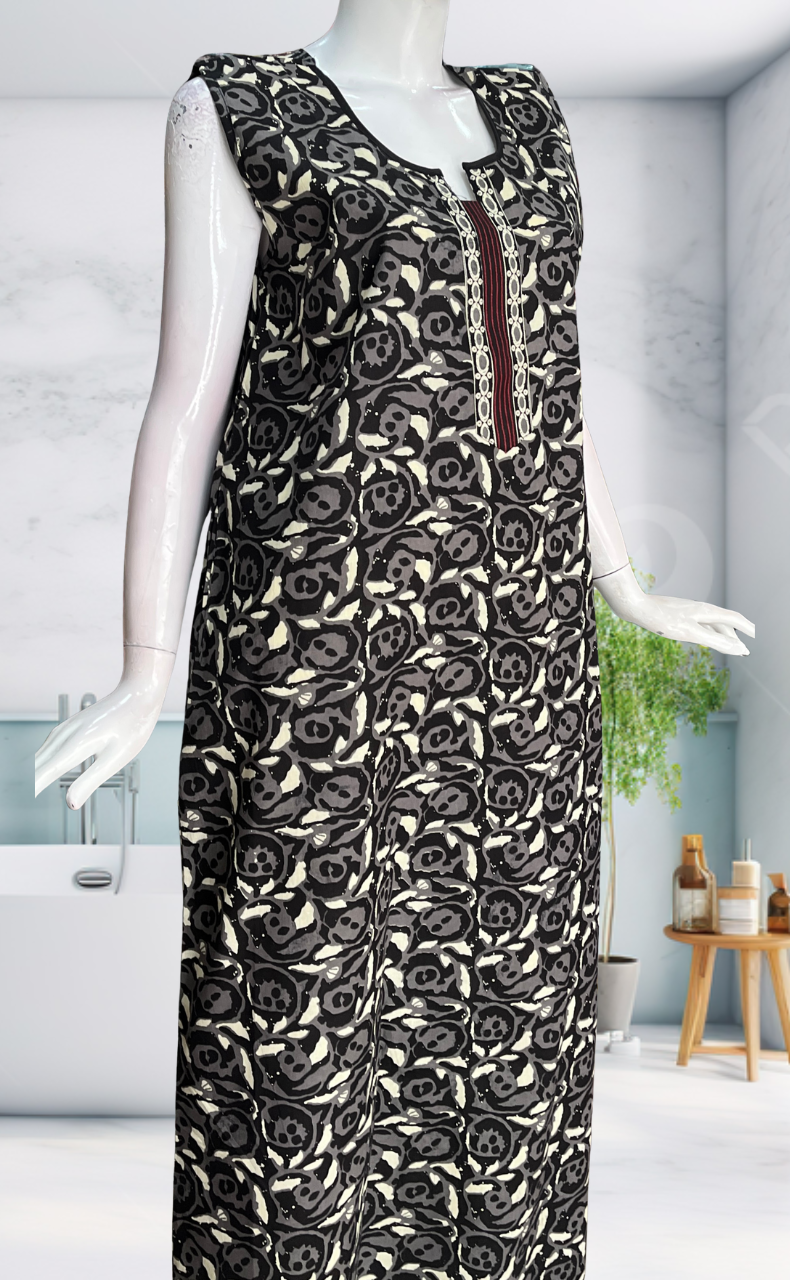Black Flora Sleeveless Pure Cotton Nighty. Pure Durable Cotton | Laces and Frills