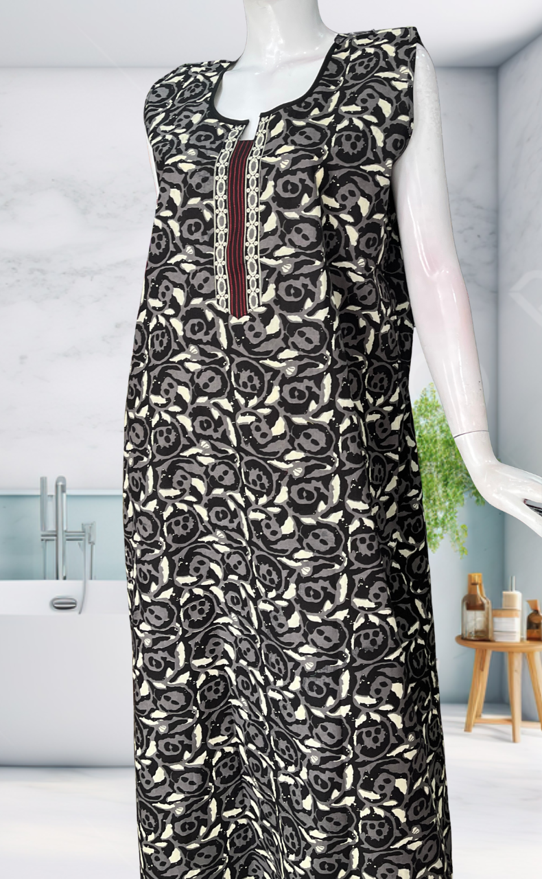 Black Flora Sleeveless Pure Cotton Nighty. Pure Durable Cotton | Laces and Frills