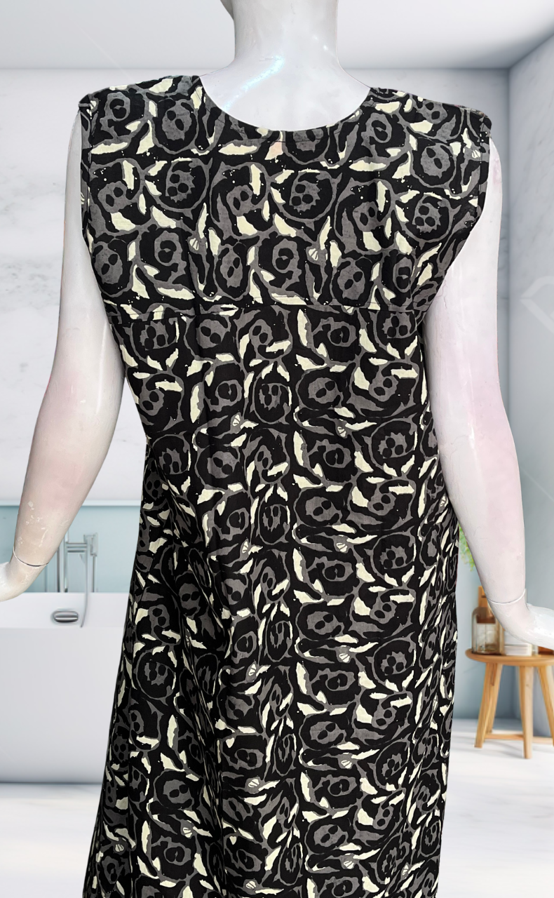 Black Flora Sleeveless Pure Cotton Nighty. Pure Durable Cotton | Laces and Frills