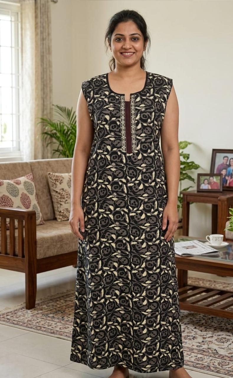 Black Flora Sleeveless Pure Cotton Nighty. Pure Durable Cotton | Laces and Frills