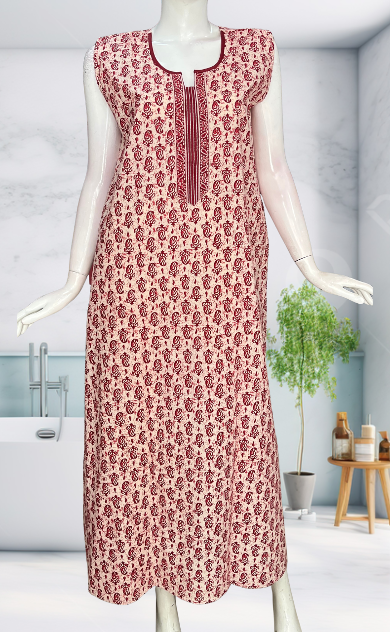 Maroon Paisley Motif Sleeveless Pure Cotton Nighty. Pure Durable Cotton | Laces and Frills