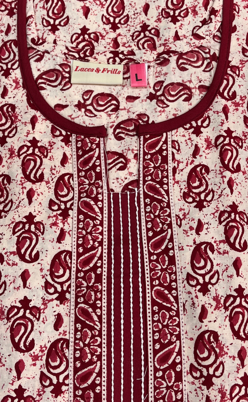 Maroon Paisley Motif Sleeveless Pure Cotton Nighty. Pure Durable Cotton | Laces and Frills