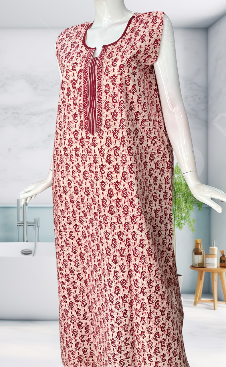 Maroon Paisley Motif Sleeveless Pure Cotton Nighty. Pure Durable Cotton | Laces and Frills