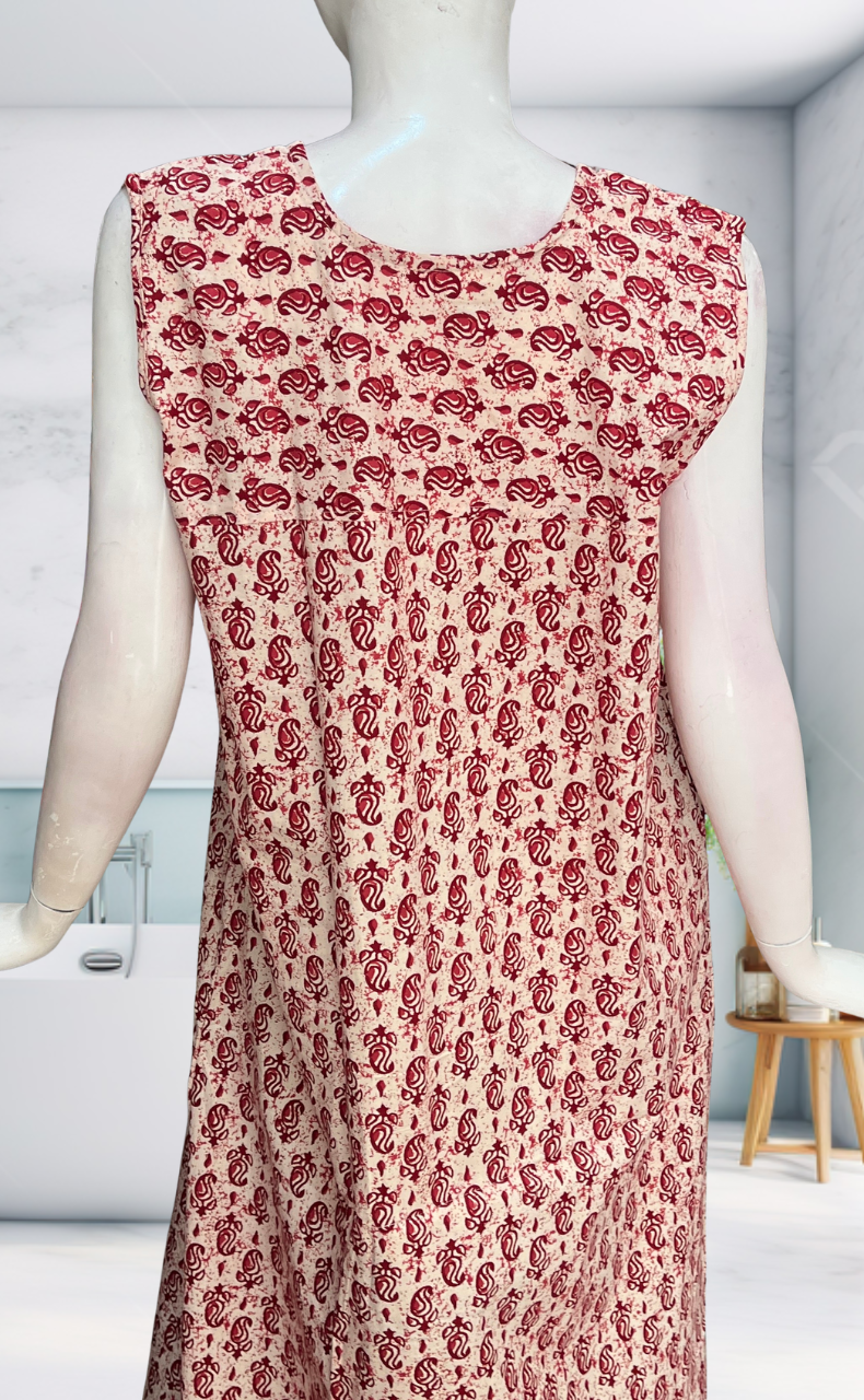 Maroon Paisley Motif Sleeveless Pure Cotton Nighty. Pure Durable Cotton | Laces and Frills