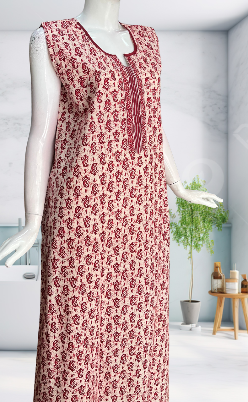 Maroon Paisley Motif Sleeveless Pure Cotton Nighty. Pure Durable Cotton | Laces and Frills