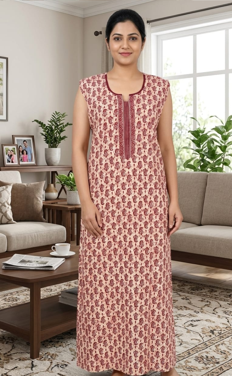 Maroon Paisley Motif Sleeveless Pure Cotton Nighty. Pure Durable Cotton | Laces and Frills