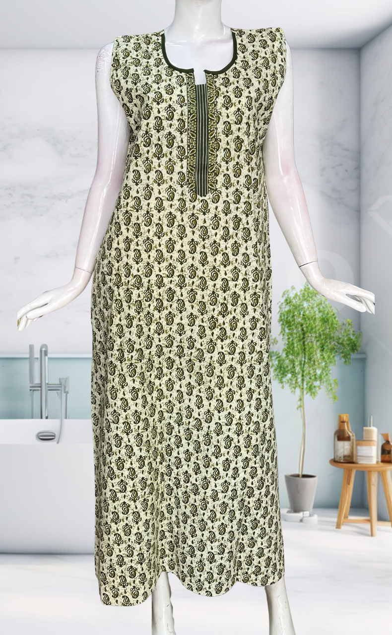 Green Paisley Motif Sleeveless Pure Cotton Nighty. Pure Durable Cotton | Laces and Frills