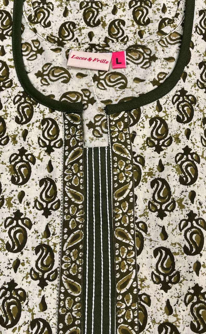 Green Paisley Motif Sleeveless Pure Cotton Nighty. Pure Durable Cotton | Laces and Frills