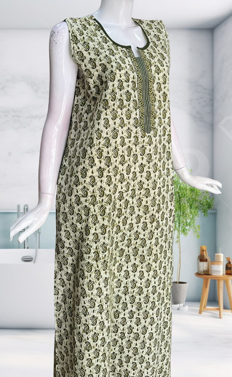 Green Paisley Motif Sleeveless Pure Cotton Nighty. Pure Durable Cotton | Laces and Frills